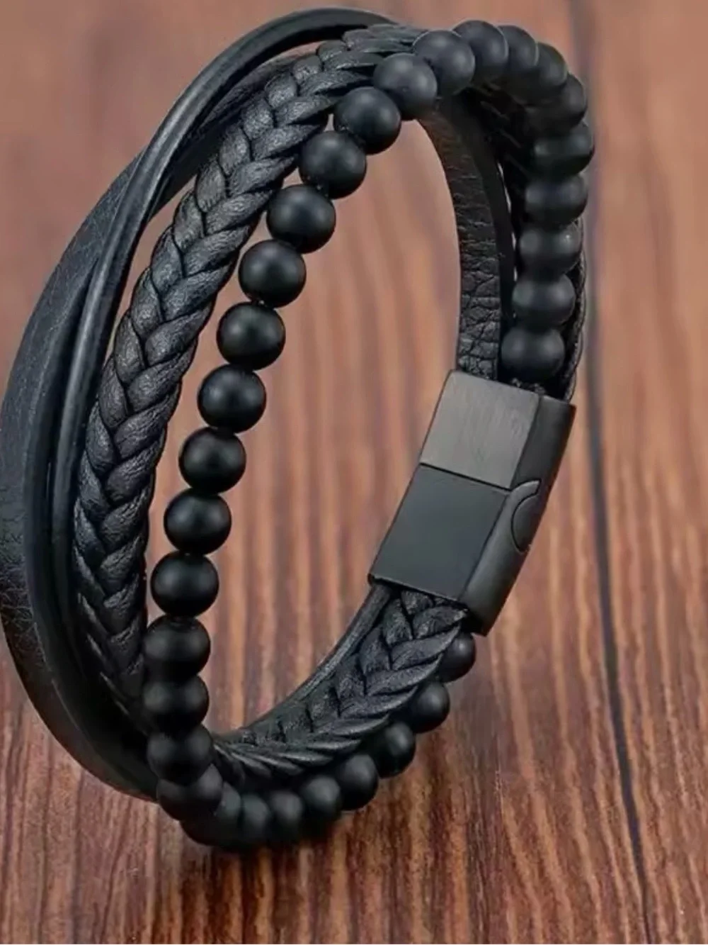 Men's Black Multi-Row Leather & Bead Bracelet 9”